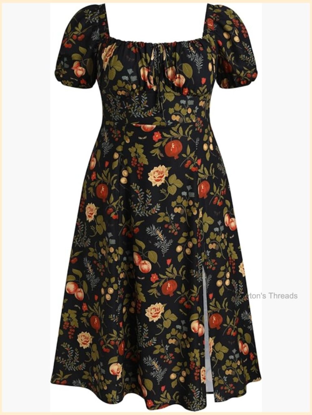 Plus Size Floral Fruit Midi Dress with Puff Sleeves & Split - Picture 1 of 7